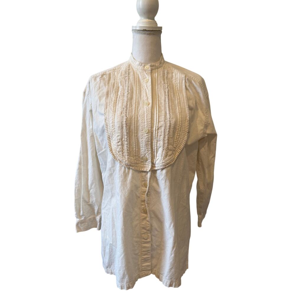 Vintage Liz Wear Cotton Bib Front Pintuck Tunic Top Cream S